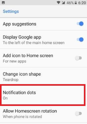 Desative os pontos de notificação nas configurações da tela inicial no Android Oreo