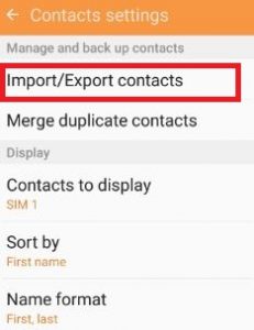 Importar ou exportar contatos nas configurações