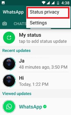 Configurações de privacidade de status do WhatsApp telefone Android