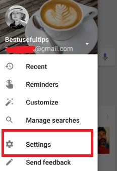 Toque em configurações na lista de configurações do Google app