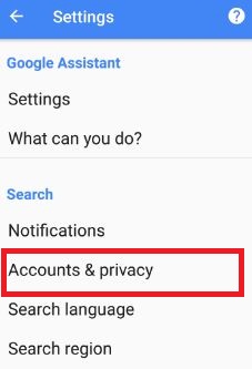 Configurações de contas e privacidade na seção de pesquisa do Google app