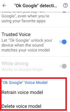 Configurações do modelo de voz do Google OK no Android 7.0 nougat